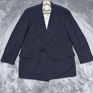 Paul Stuart Suit Jacket Mens 45 Long Navy Pinstripe Wool Double Breasted England